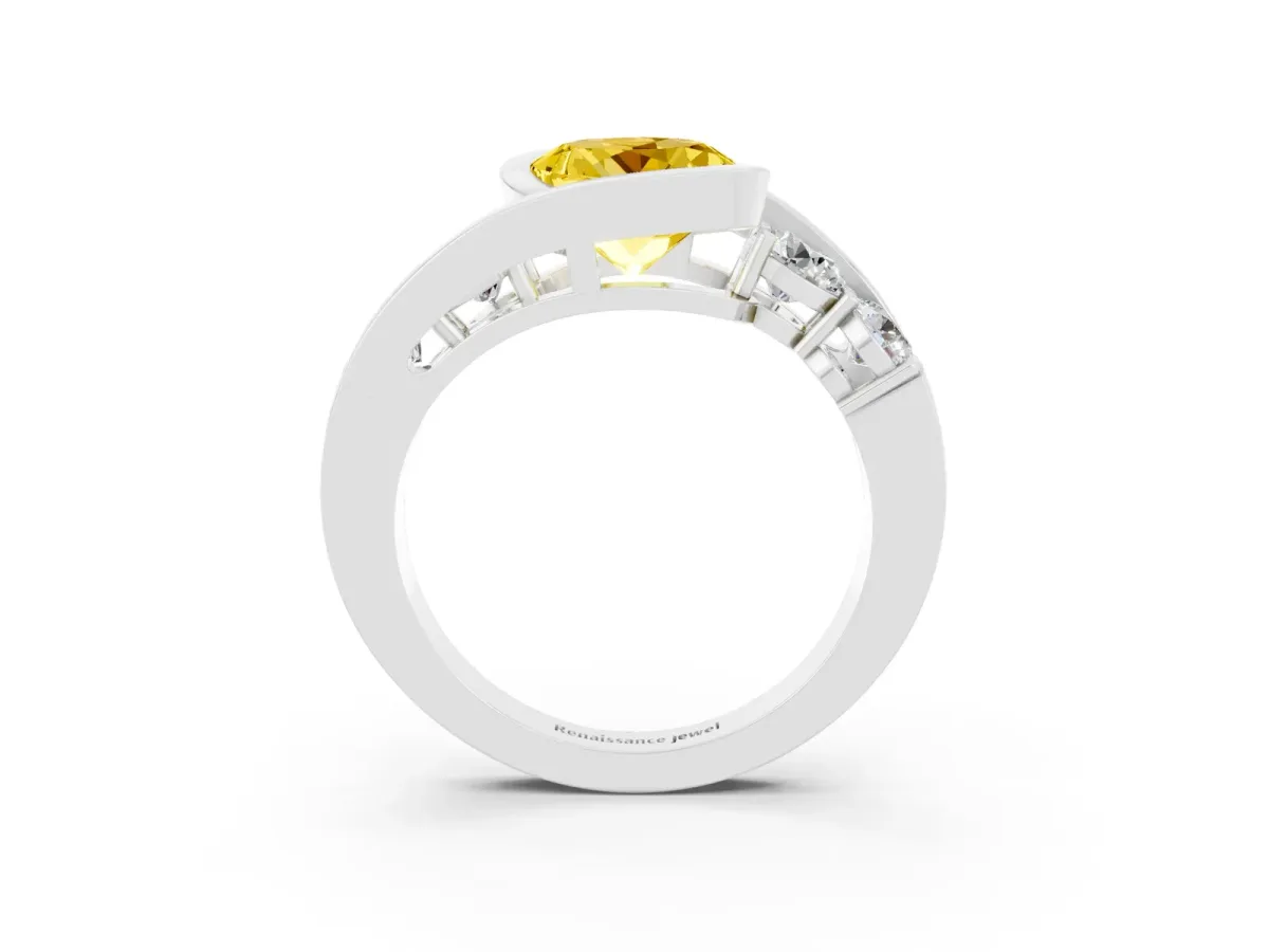 Bezel Set Round Cut Yellow Sapphire Bypass Ring with Round Accents Silver
