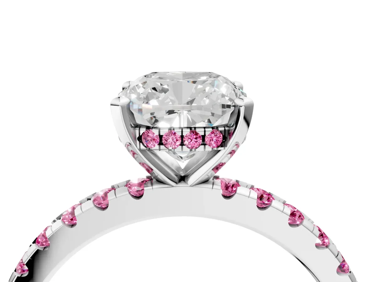Cushion Cut Diamond Solitaire Ring with Round Pink Sapphire Pavé Band and Four-Prong Setting White gold