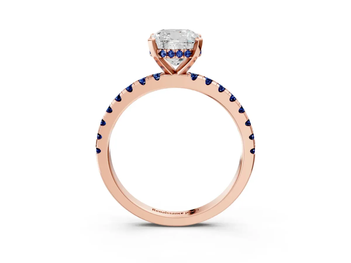 Cushion Cut Diamond Solitaire Ring with Round Blue Sapphire Pavé Band and Four-Prong Setting Rose gold