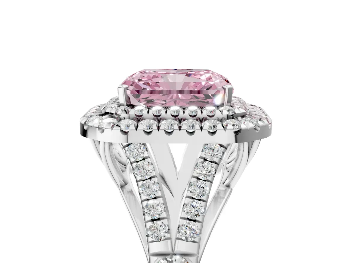 Fancy Pink Radiant Cut Cut Double Halo Split Shank Diamond Ring with Prong Setting Platinum