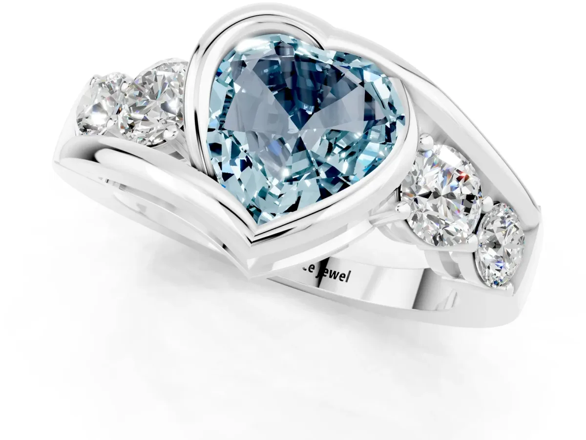 Bezel Set Heart Cut Aquamarine Bypass Ring with Round Accents Silver