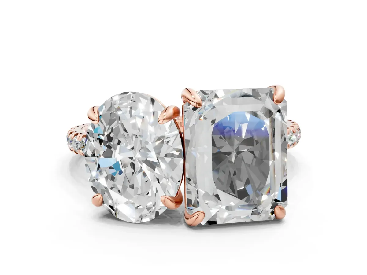 Oval and Emerald Toi Moi Ring with Prong Setting and Micro Pave Band Rose gold