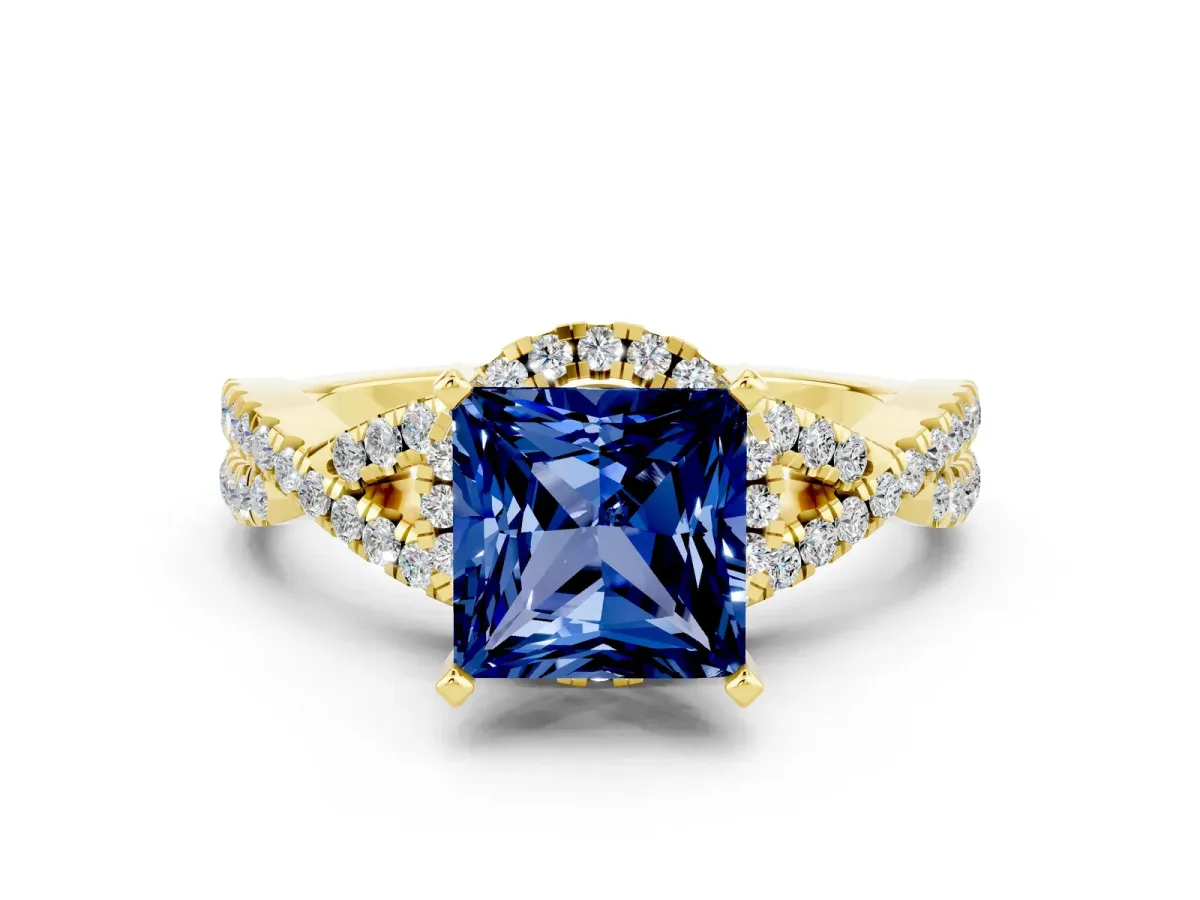 Princess Cut Blue Sapphire Halo Twist Band Solitaire Prong Setting Ring Yellow gold
