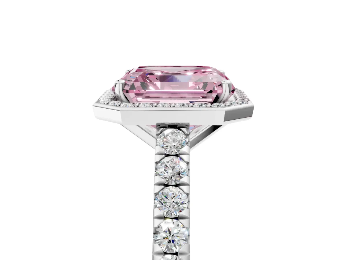 Fancy Pink Asscher Cut Cut Halo Diamond Engagement Ring with Pave Band and Four-Prong Setting Platinum
