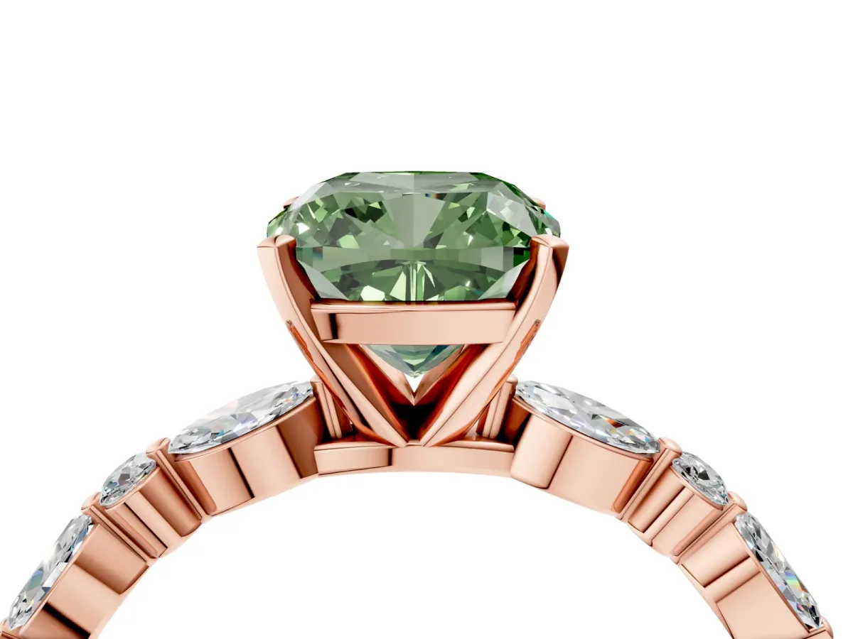 Fancy Green Cushion Cut Diamond Ring with Marquise and Round Side Stones and Four-Prong Setting Rose gold
