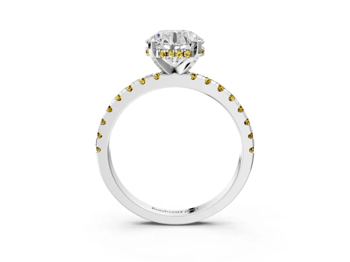 Round Cut Diamond Solitaire Ring with Round Yellow Sapphire Pavé Band and Four-Prong Setting White gold