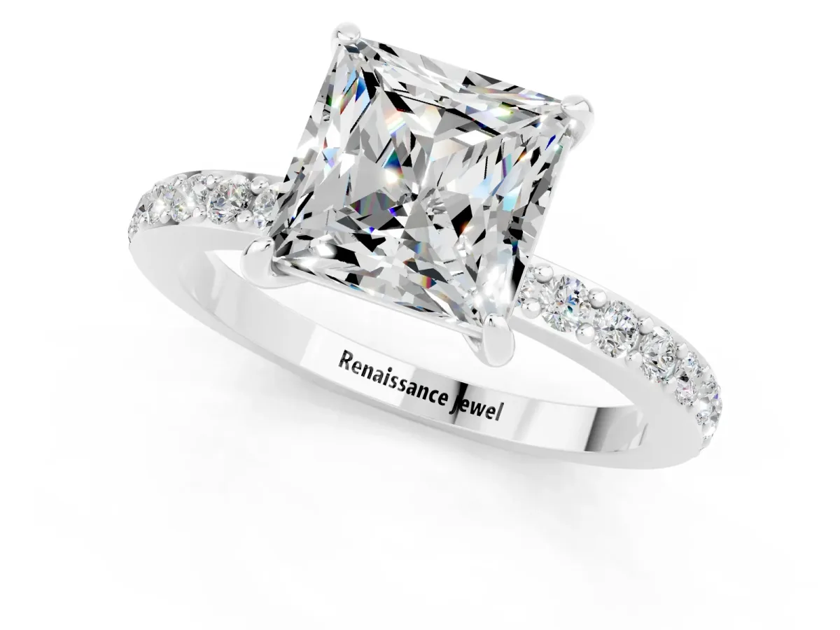 Princess Cut Moissanite Solitaire Engagement Ring with Pavé Band and Four-Prong Setting White gold
