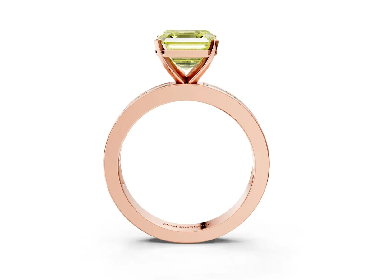 Fancy Yellow Asscher Cut Solitaire Diamond Ring with Channel-Set Baguette Band and Four-Prong Setting Rose gold