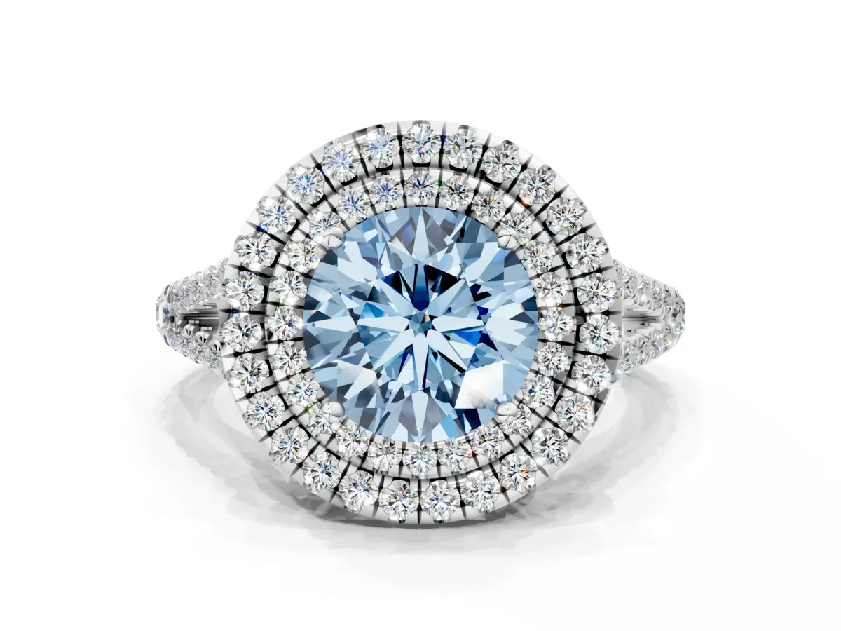 Fancy Blue Round Cut Diamond Double Halo Ring with Pavé Band and Prong Setting Silver