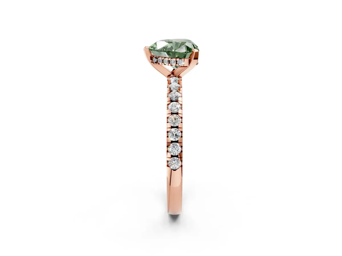 Fancy Green Heart Cut Diamond Solitaire Ring with Round Pavé Band and Four-Prong Setting Rose gold