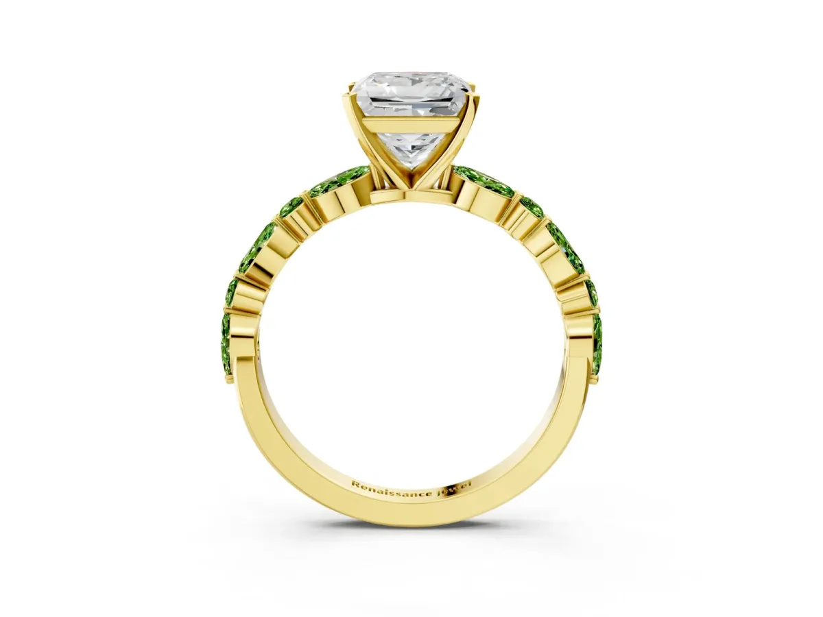 Princess Cut Diamond Ring with Marquise and Round Peridot Side Stones and Four-Prong Setting Yellow gold