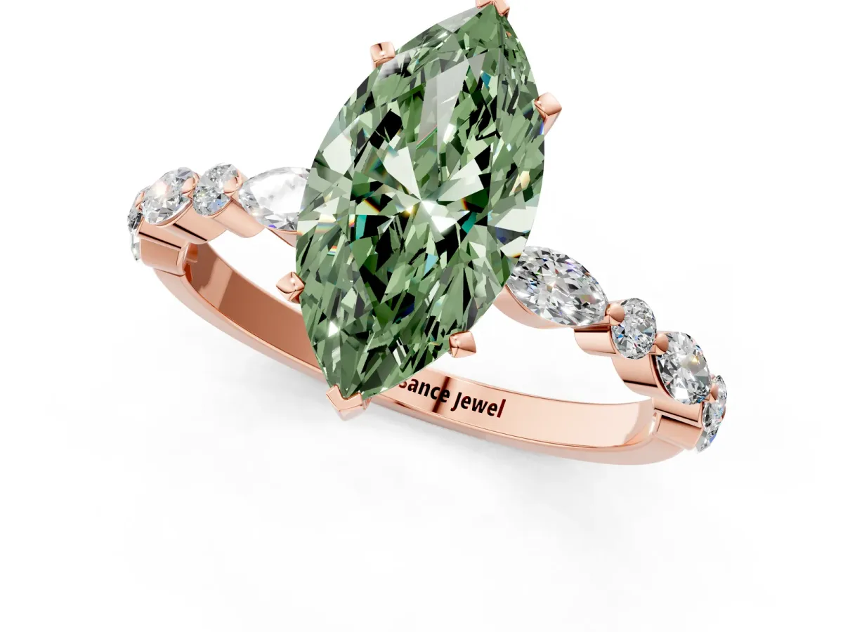 Fancy Green Marquise Cut Diamond Ring with Marquise and Round Side Stones and Four-Prong Setting Rose gold
