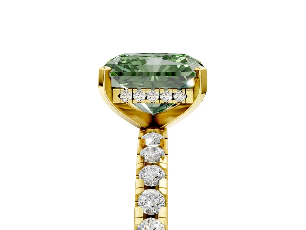 Fancy Green Radiant Cut Diamond Solitaire Ring with Round Pavé Band and Four-Prong Setting Yellow gold