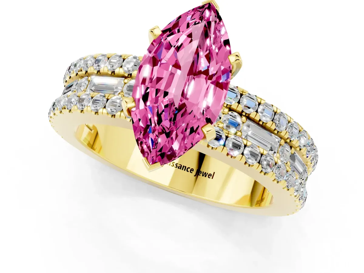 Marquise Cut Pink Sapphire Solitaire Ring with Pavé and Channel Set Band Yellow gold
