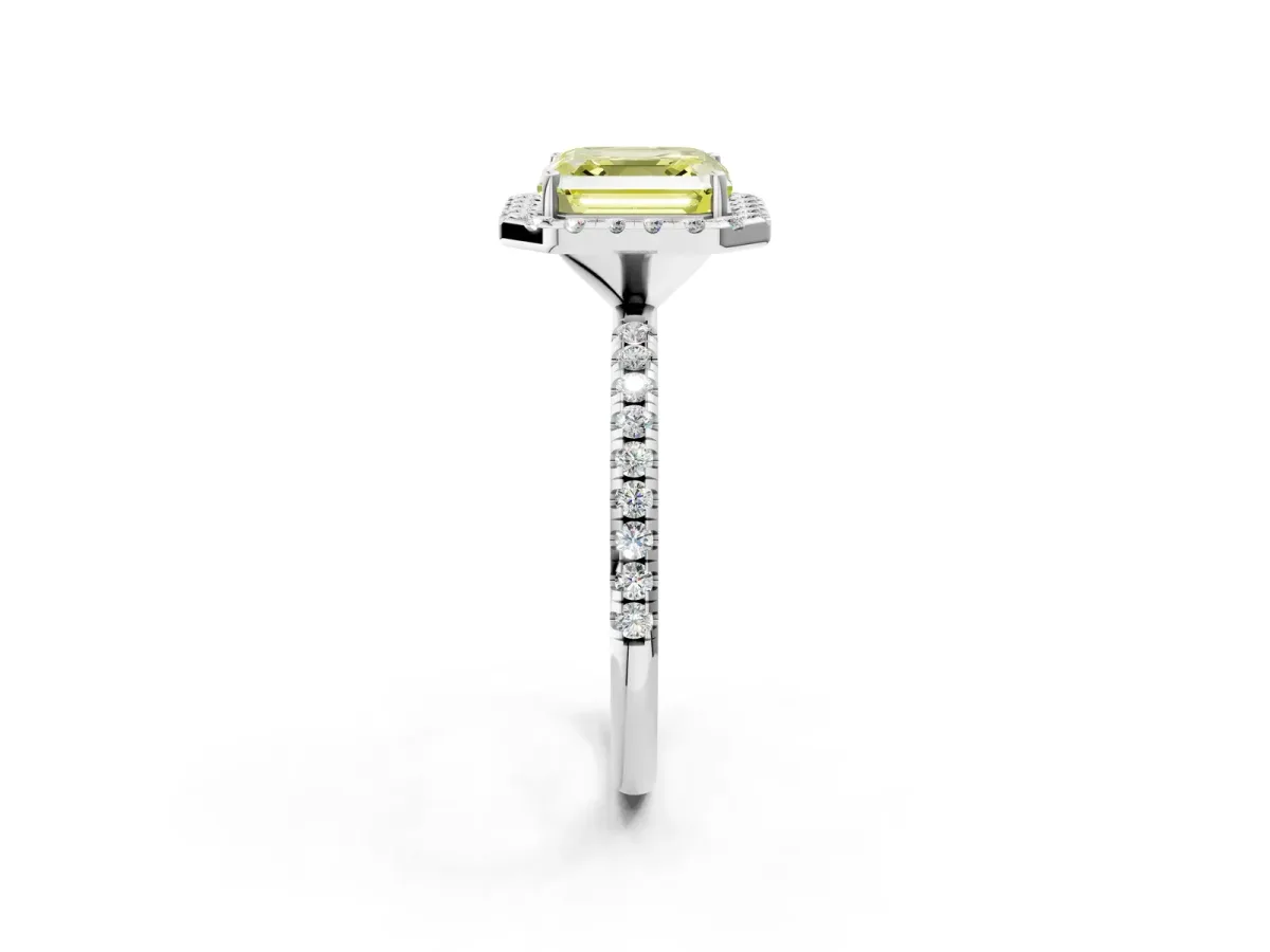 Fancy Yellow Asscher Cut Diamond Halo Engagement Ring with Round Pavé Band and Prong Setting Platinum