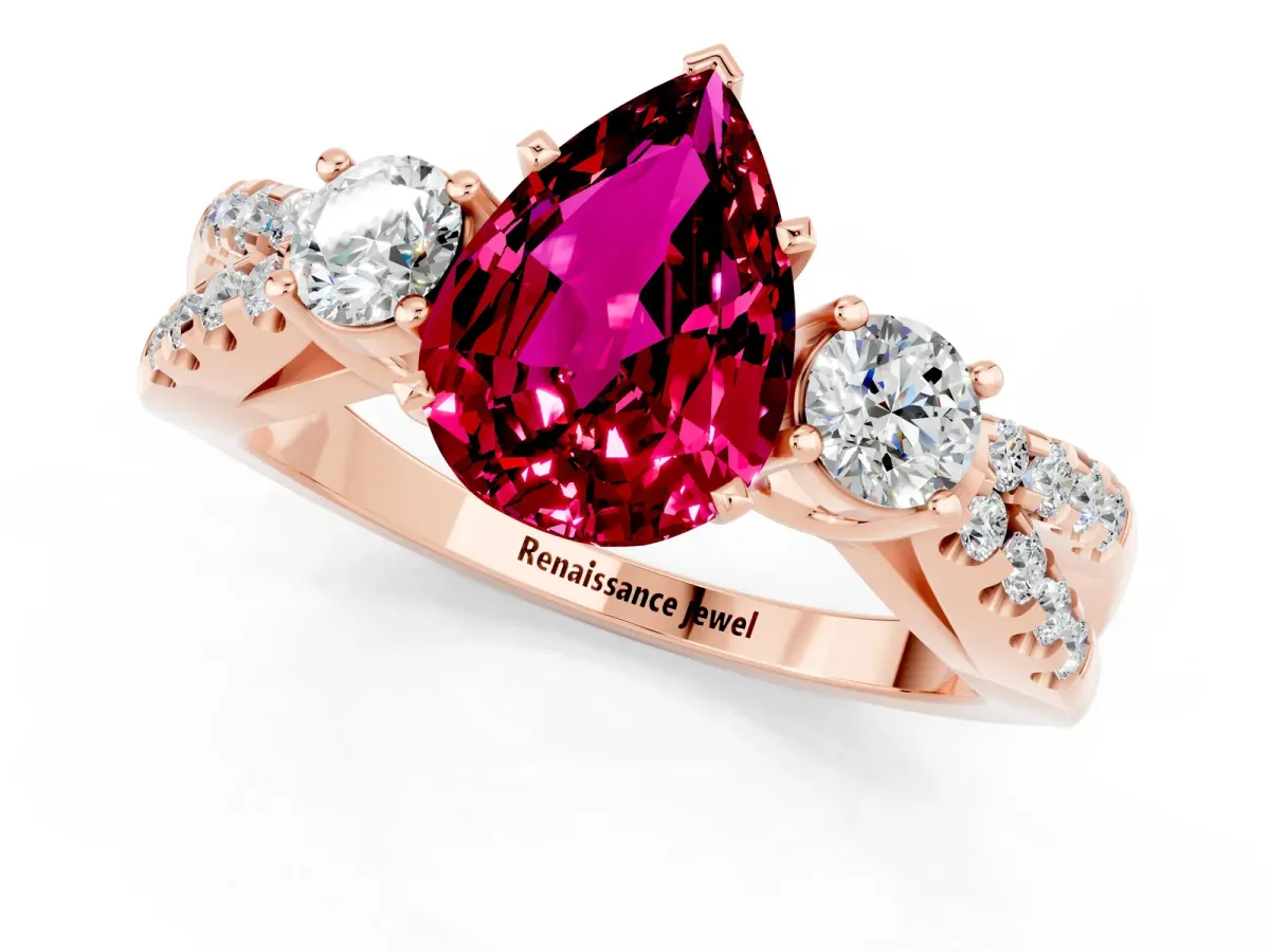 Pear Cut Garnet Three-Stone Ring with Pavé Split Shank and Four-Prong Setting Rose gold