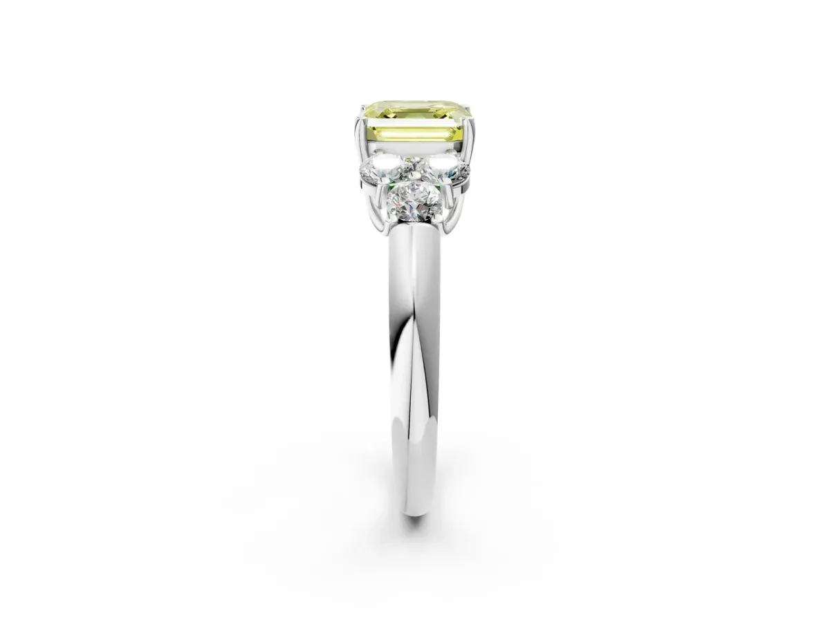 Fancy Yellow Asscher Cut Cut Diamond Cluster Ring with Round Accent Stones and Prong Setting on a Classic Band Platinum