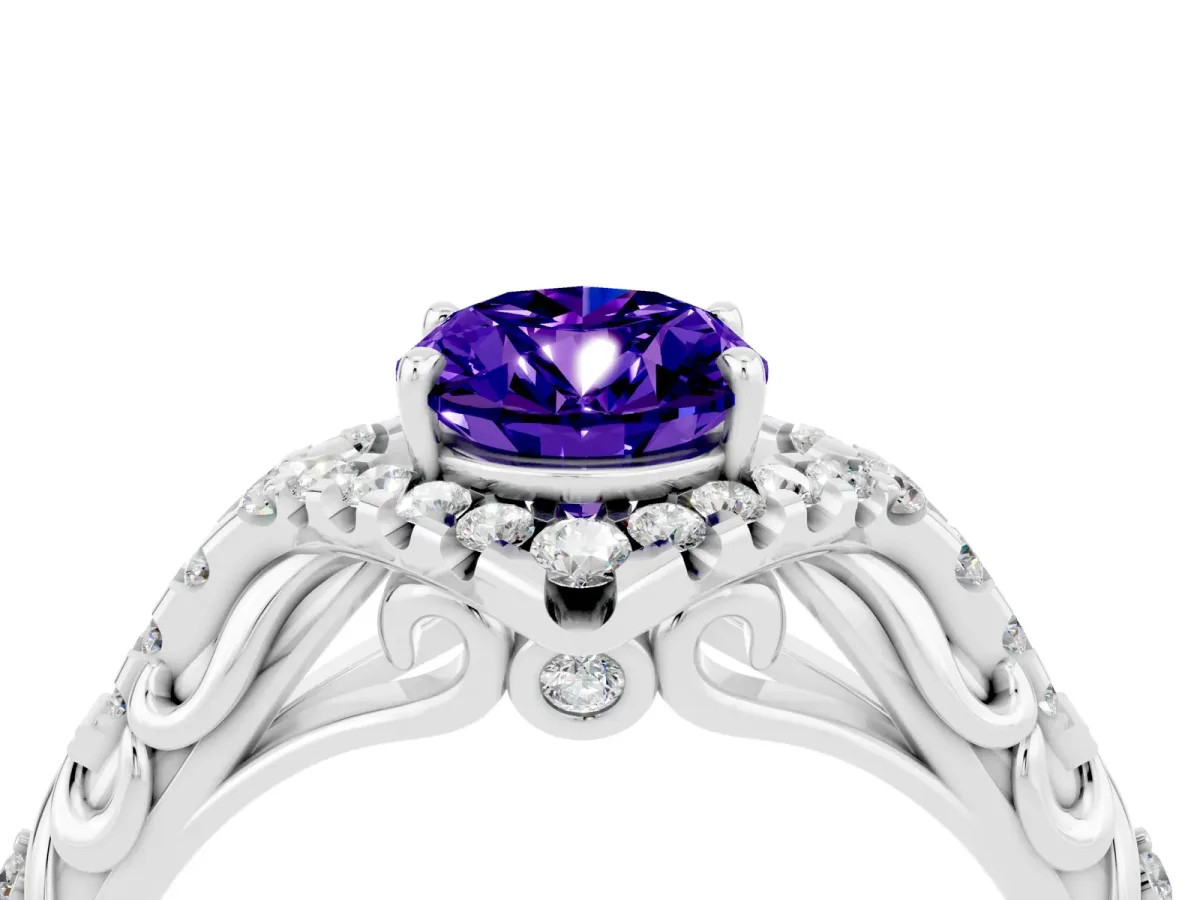 Oval Cut Tanzanite Solitaire Ring with Hidden Halo and Pavé Band White gold