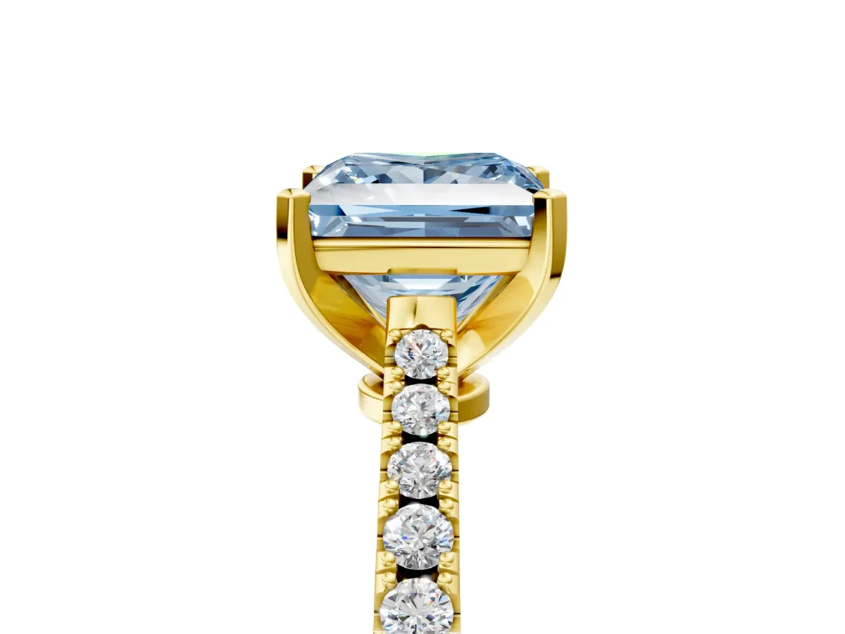 Fancy Blue Princess Cut Cut Solitaire Diamond Engagement Ring with Pave Band and Four-Prong Setting Yellow gold