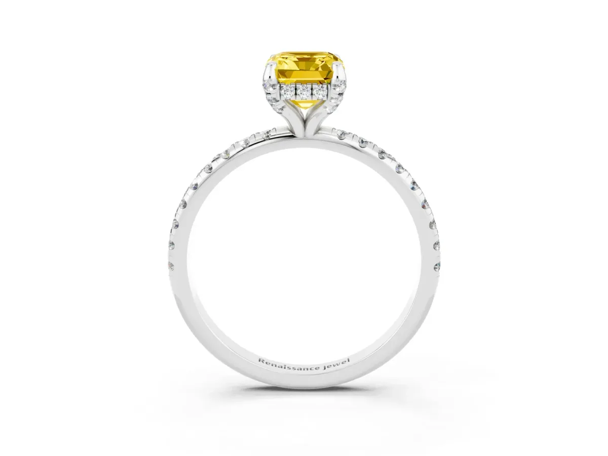 Emerald Cut Yellow Sapphire Hidden Halo Engagement Ring with Round Pavé Band and Prong Setting Silver