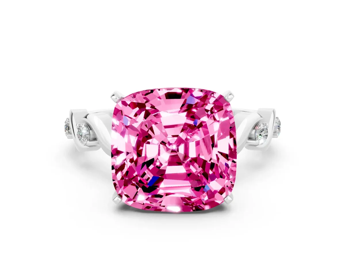 Cushion Cut Pink Sapphire Solitaire Twisted Band with Round Accents and Prong Setting White gold