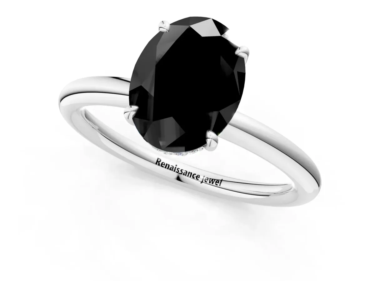 Fancy Black Oval Cut Diamond Solitaire Ring with Thin Band and Four-Prong Setting White gold