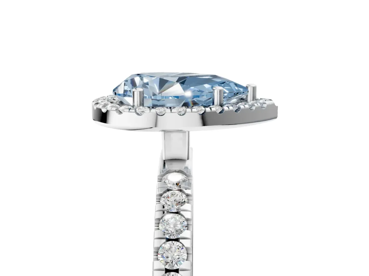 Fancy Blue Pear Cut Diamond Classic Halo Engagement Ring with Round Pavé Band and Prong Setting White gold