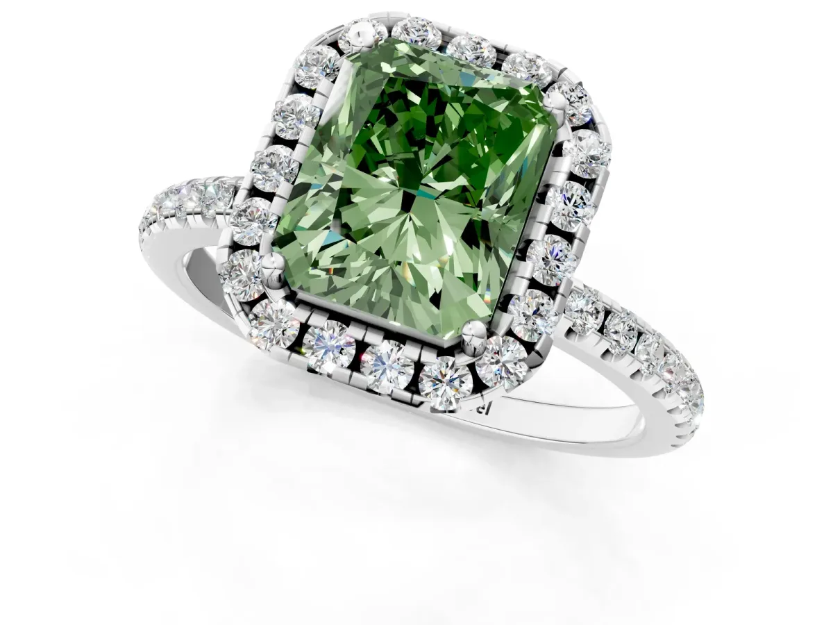 Fancy Green Radiant Cut Diamond Halo Engagement Ring with Round Pavé Band and Prong Setting Platinum