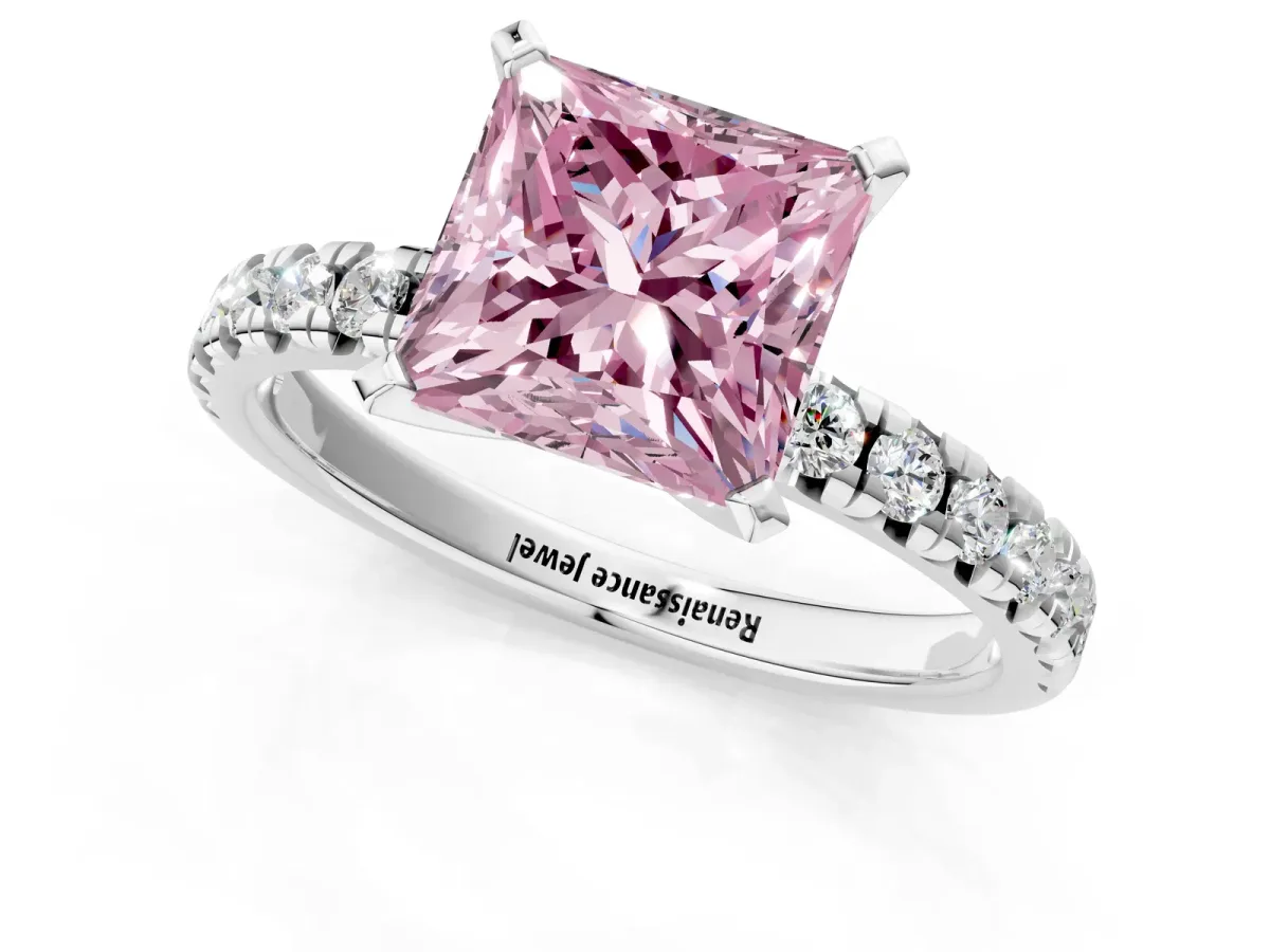 Fancy Pink Princess Cut Diamond Solitaire Pavé Engagement Ring with Round Band and Prong Setting White gold
