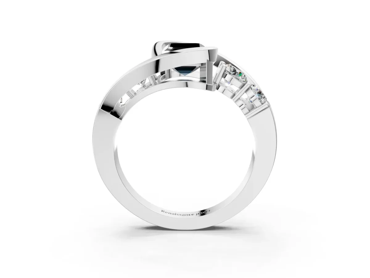 Fancy Black Bezel Set Emerald Cut Diamond Bypass Ring with Round Accents Silver