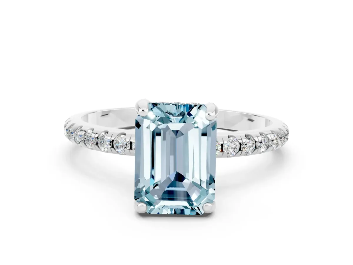 Emerald Cut Aquamarine Hidden Halo Engagement Ring with Round Pavé Band and Prong Setting Silver