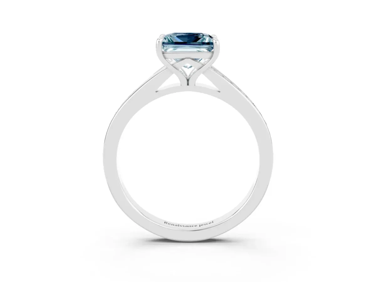 Princess Cut Aquamarine Solitaire Ring with Pavé Band and Prong Setting Silver