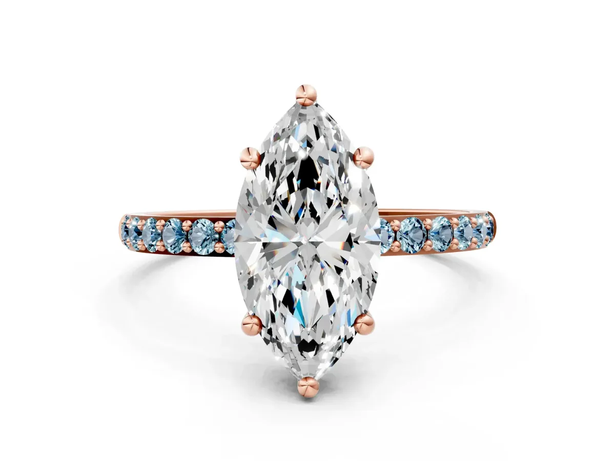 Marquise Cut Diamond Solitaire Ring with Round Aquamarine Pavé Band and Prong Setting Rose gold