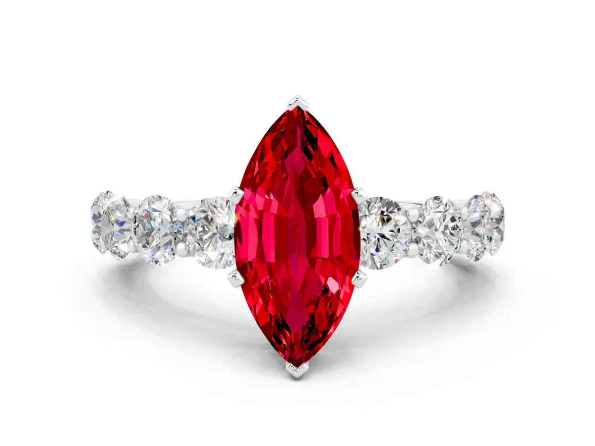 Marquise Cut Ruby Prong Setting with Side Stones on a Pave Band Silver