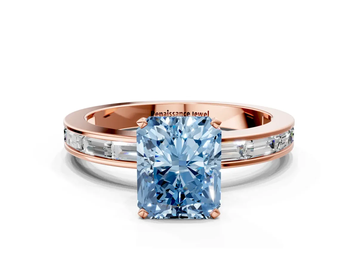 Fancy Blue Radiant Cut Solitaire Diamond Ring with Channel-Set Baguette Band and Four-Prong Setting Rose gold
