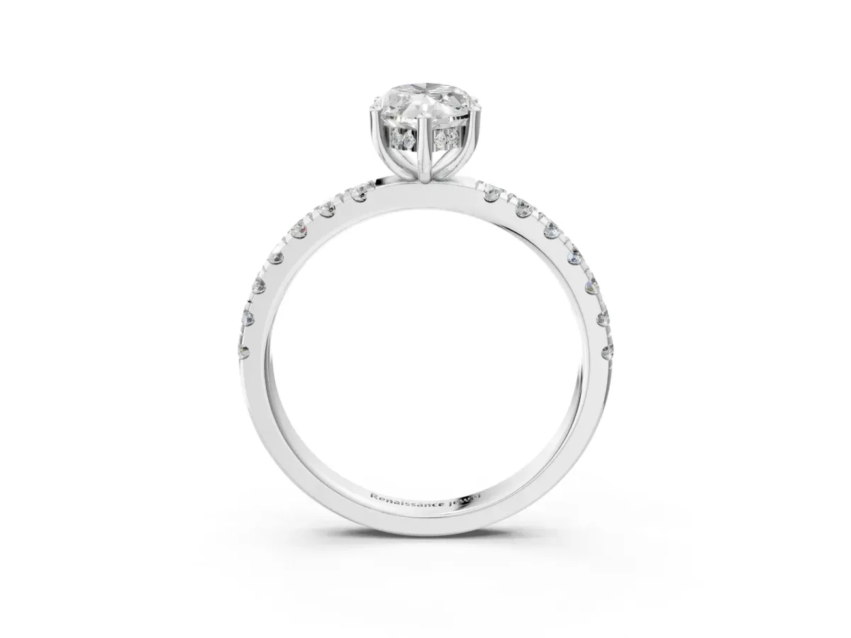 Marquise Cut Diamond Pave Band Solitaire Ring with Round Moissanite and Prong Setting White gold