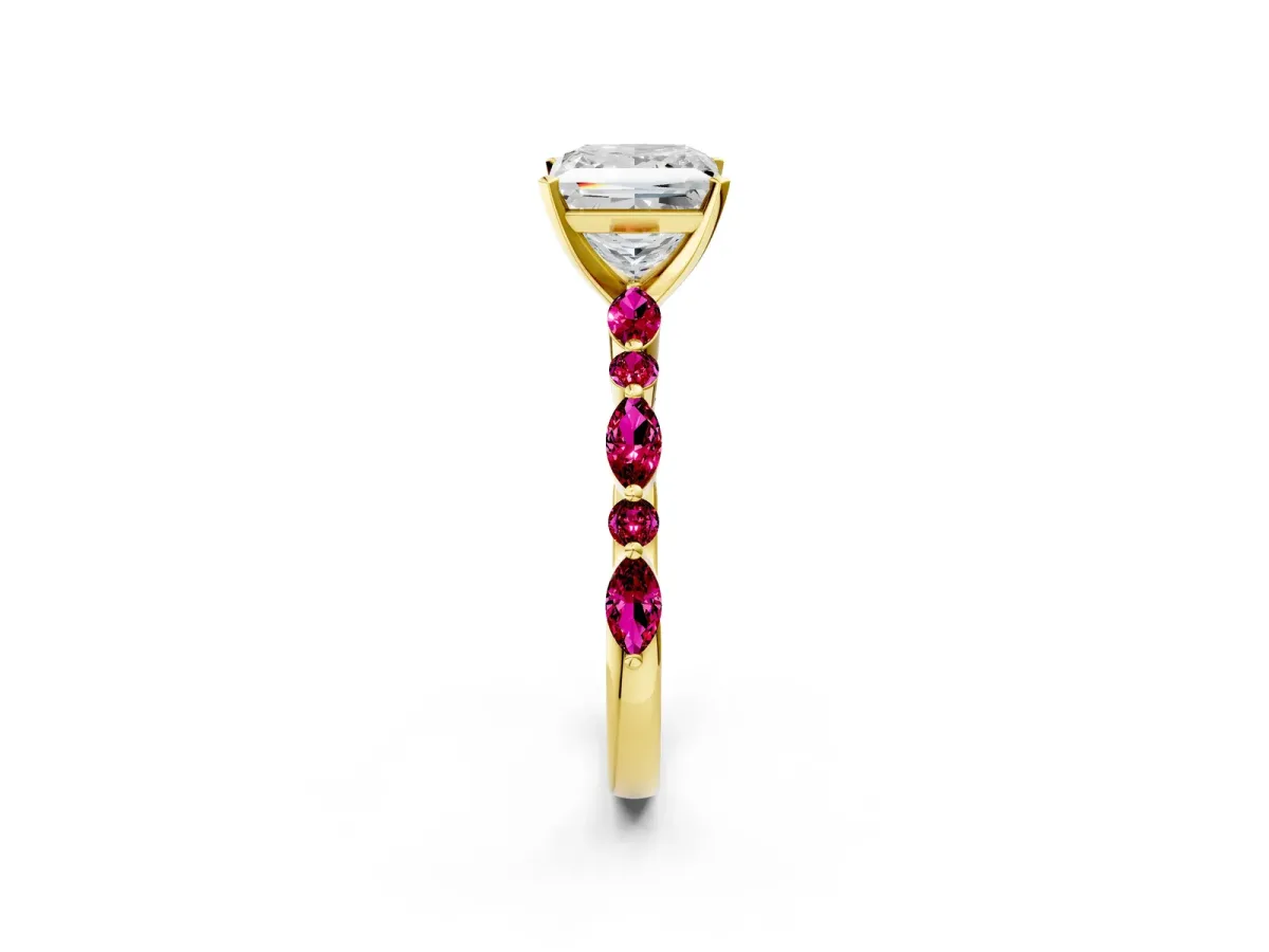 Princess Cut Diamond Ring with Marquise and Round Garnet Side Stones and Four-Prong Setting Yellow gold