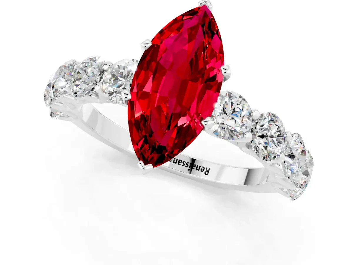 Marquise Cut Ruby Prong Setting with Side Stones on a Pave Band Silver
