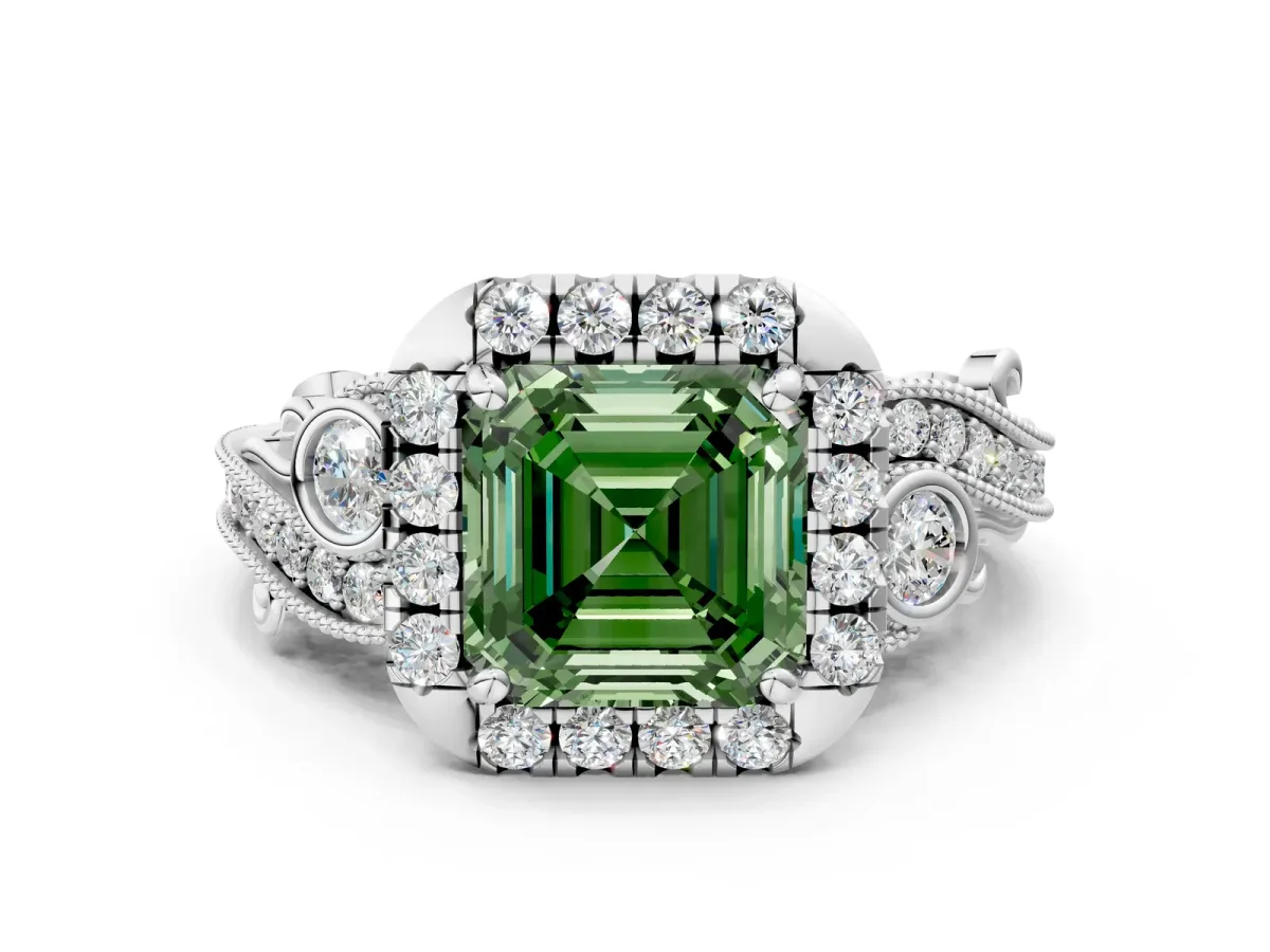 Fancy Green Asscher Cut Diamond Halo Ring with Milgrain Pavé Band and Four-Prong Setting White gold