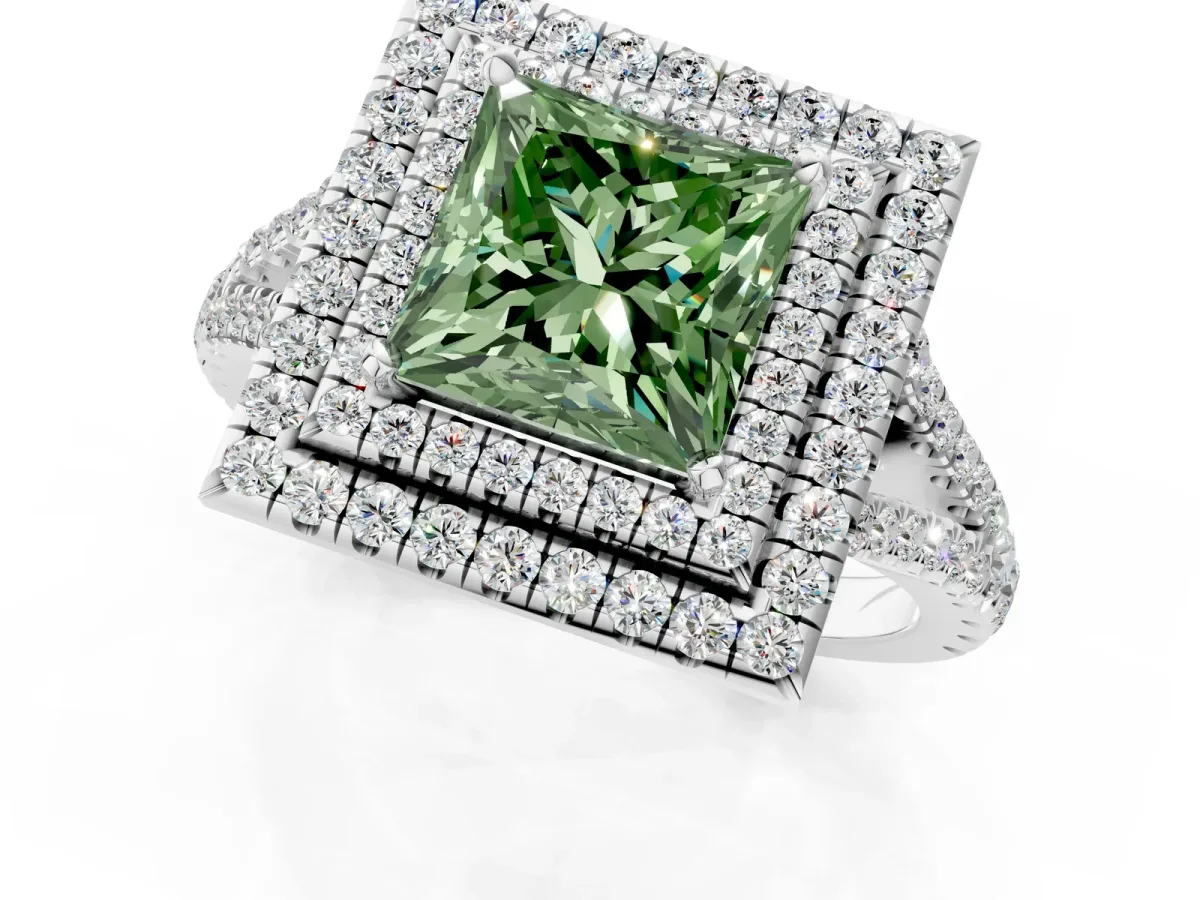 Fancy Green Princess Cut Diamond Double Halo Ring with Pavé Band and Prong Setting White gold