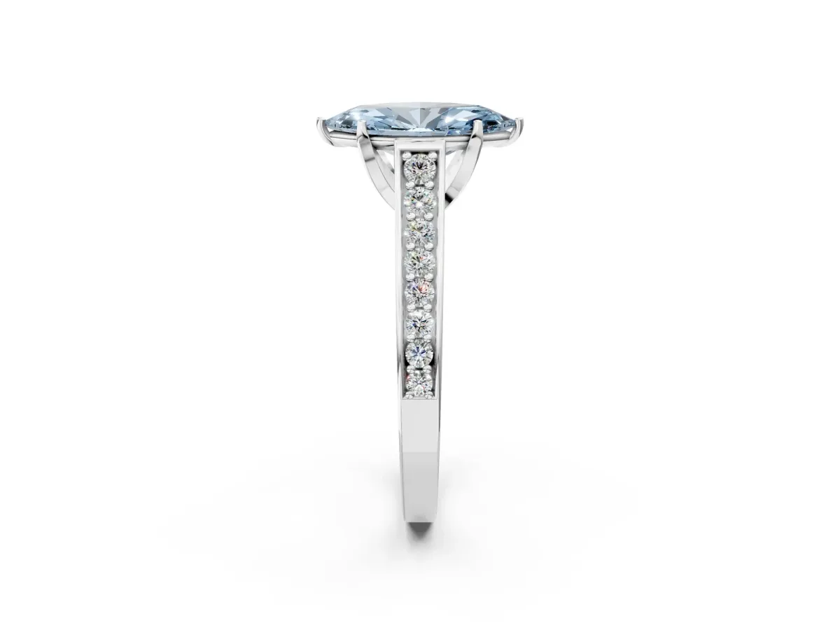 Fancy Blue Marquise Cut Brilliant Cut Diamond Engagement Ring with Pavé Band and Four-Prong Setting Platinum