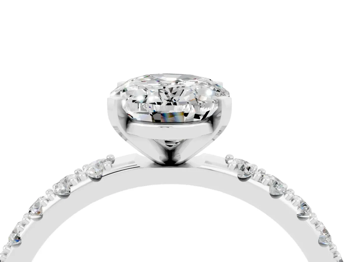 Oval Cut Moissanite Solitaire Pavé Band with Four-Prong Setting White gold