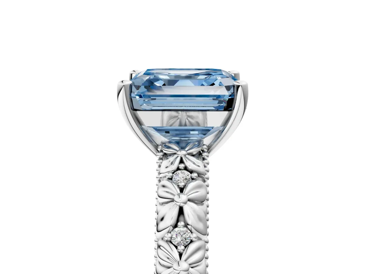 Fancy Blue Asscher Cut Solitaire Floral Milgrain Engagement Ring Platinum