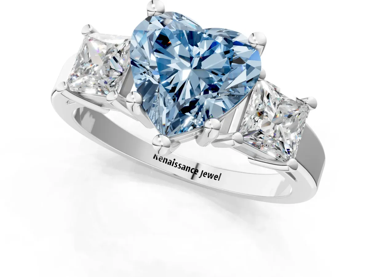 Fancy Blue Three-Stone Heart Cut Cut Solitaire Ring with Prong Setting Platinum