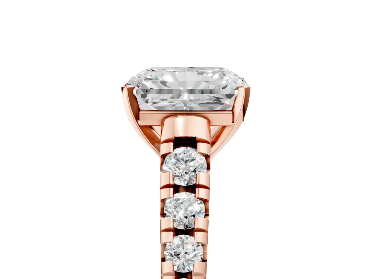 Radiant Cut Diamond Cathedral Solitaire Ring with Round Moissanite Pavé Band Rose gold