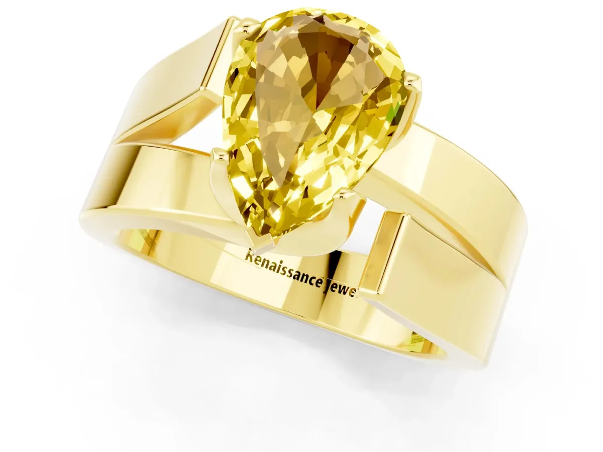 Modern Tension Set Pear Cut Yellow Sapphire Solitaire Wide Band Ring Yellow gold