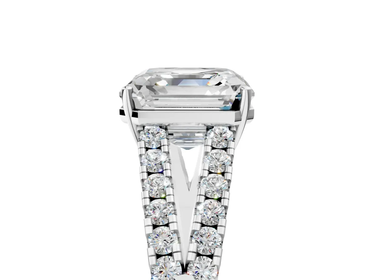 Asscher Cut Diamond Split Shank Engagement Ring with Round Pavé and Prong Setting Platinum