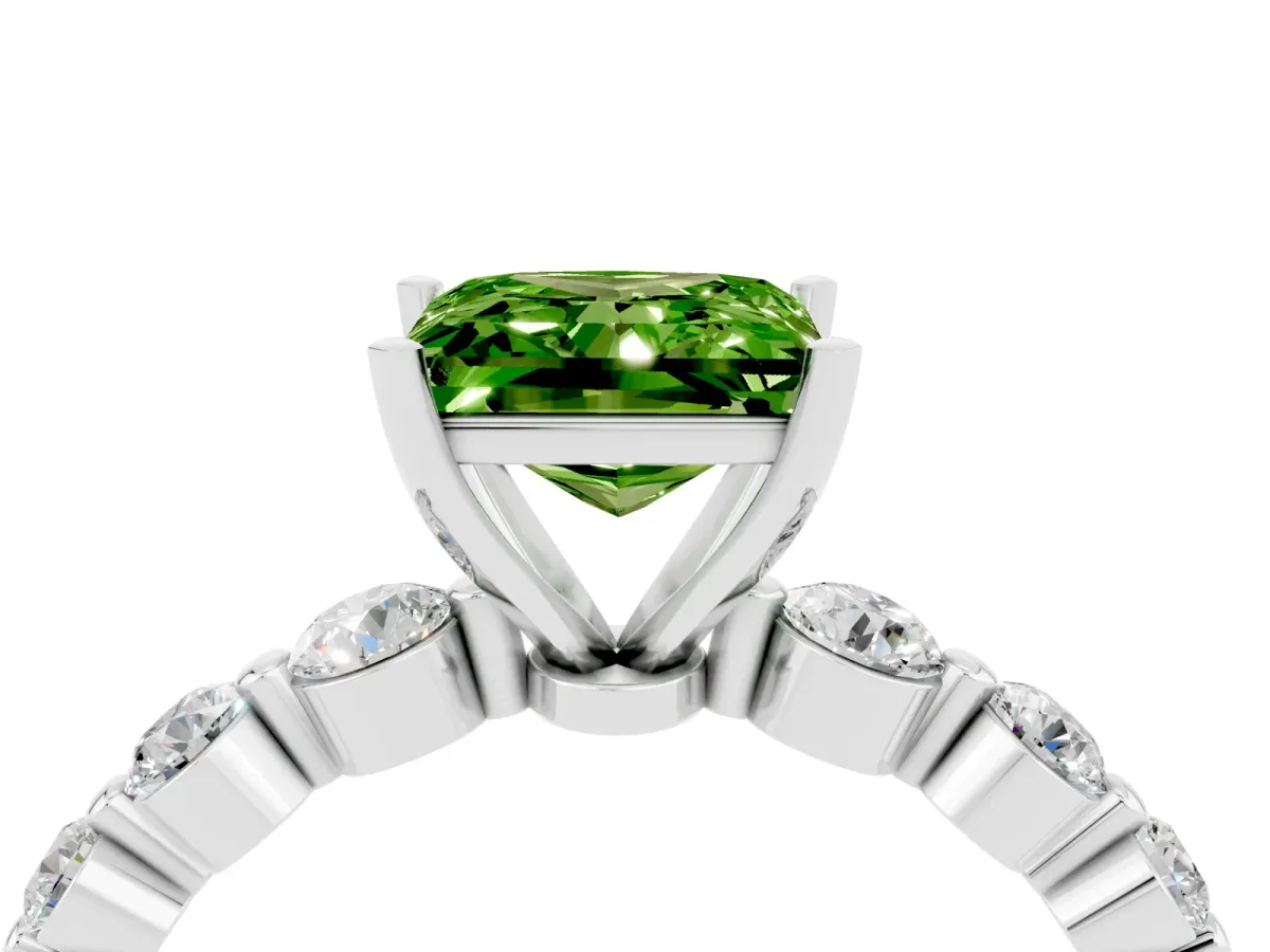 Princess Cut Solitaire Peridot Ring with Pave Band and Four-Prong Setting Silver