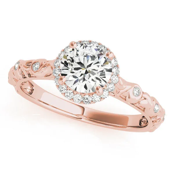 Marquise Cut Diamond Halo Ring with Filigree Band and Prong Setting Rose gold