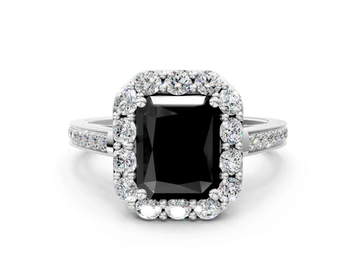 Fancy Black Radiant Cut Diamond Floral Halo Ring with Pavé Band and Prong Setting Platinum